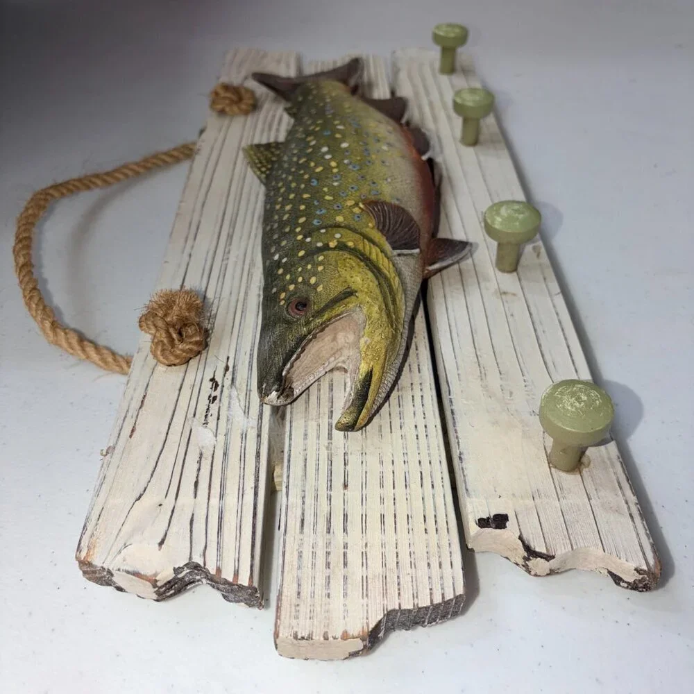 Brook Trout Resin Wall Art 4 Hooks Hanging Rack Realistic 2D Cabin Lodge Western